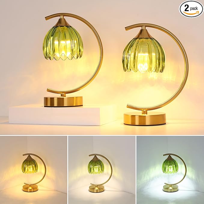 Set of 2 Tulip Table Lamp, 5200mAh Cordless Touch Control Table Lamp with 3 Color Temps & Stepless Dimming, Rechargeable Battery Table Lamp for Living Room, Bedroom, Office(Green Tulip)