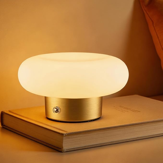 Cordless Table Lamp, Gold Rechargeable Battery Operated Lamp, Stepless Dimming Touch Lamp with Glass Lampshade for Bedroom, Living Room, Dining Table, Nightstand, Shelf Decor
