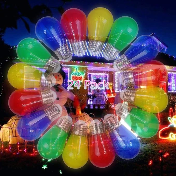 24-Pack S14 Colored LED String Light Bulbs Replacement, E26 Base 1W Plastic Shatterproof Waterproof, Christmas Light Bulb Red, Green, Yellow, Blue