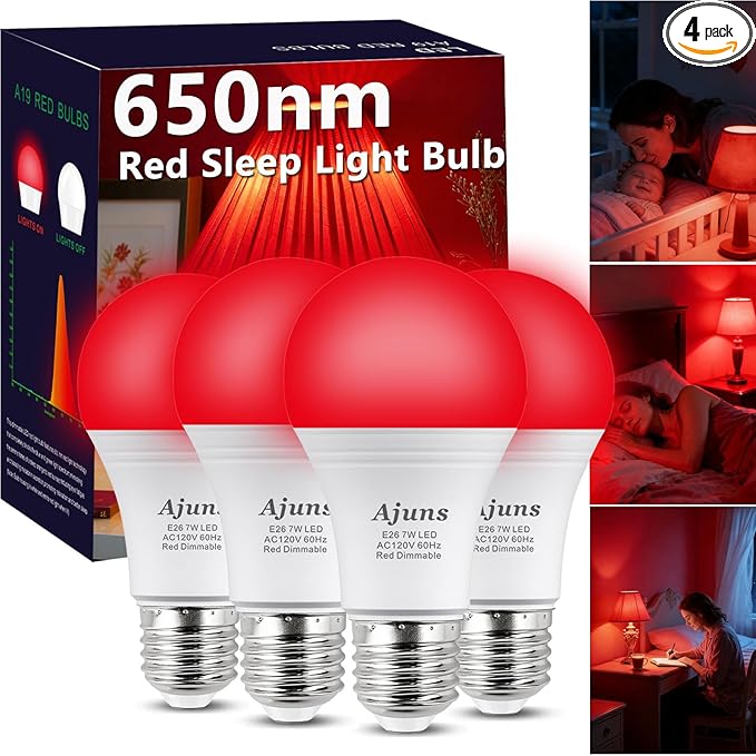 650nm LED Red Sleep Light Bulb Dimmable, 100% Blue Light Blocking Bulb Promoting Melatonin Red Light Bulbs, A19 7W E26 Base Dim Light Bulbs for Bedroom,4Packs