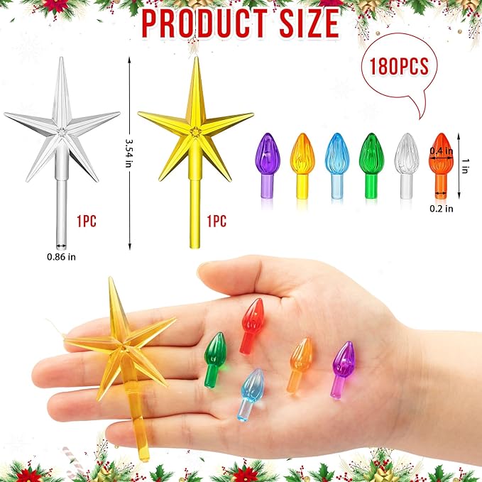 180Pcs Ceramic Christmas Tree Replacement Lights, Multicolor Ceramic Tree Twist Light Ornaments(180 Bulbs+2 Topper Star)