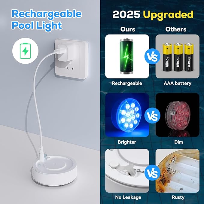 Rechargeable Pool Lights - 1 Pack, IP68 Waterproof Submersible LED Pool Lights with Remote, Pool Decor Light Accessories for Inground Pools, Above Ground Pools, Party Decoration