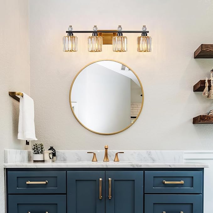Bathroom Vanity Lights 4-Light Black Gold Modern Crystal Vanity Light Fixtures Over Mirror Crystal Bathroom Vanity Lighting Fixtures