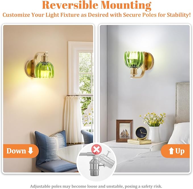 Rechargeable Battery Operated Wall Sconce with Green Glass Lampshade, Wireless Wall Scone Decor with Remote Control, 15 Colors Gold Wall Light for Bedside Hallway Bedroom Doorway