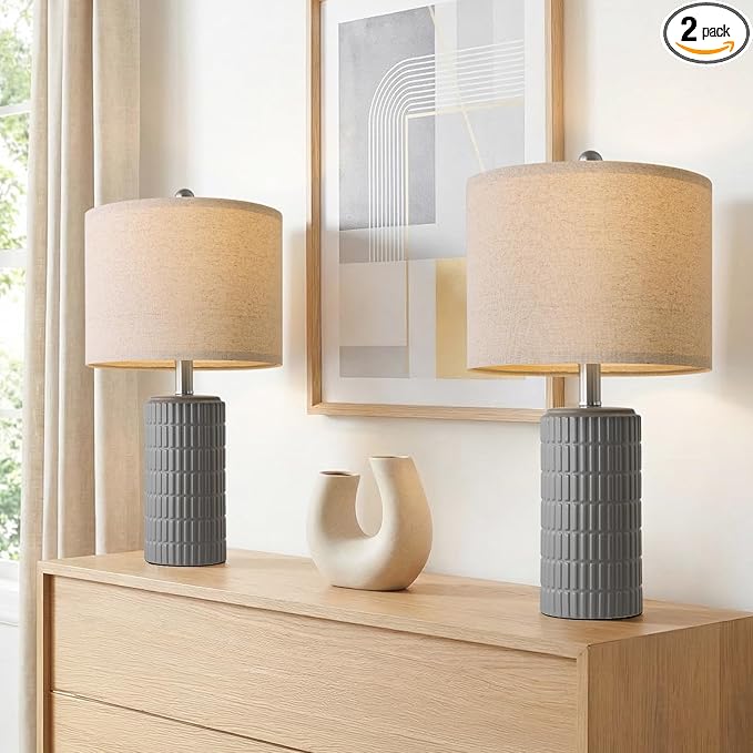 PoKat 20.75'' Ceramic Small Table Lamps for Bedroom, Modern Dark Gray Bedside Lamps Set of 2, Farmhouse Lamps for Living Room with Linen Lampshade for Night Stands Guest Room Side End Table Console