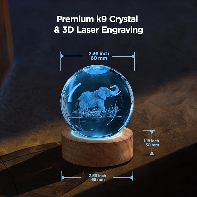 3D Elephant Crystal Ball Night Light Elephant Gifts for Women, 60mm Elephant Figurine Glass Lamp with 16 Colors and Remote Unique Elephant Room Decor Birthday Christmas Gifts for Boys Girls Teen