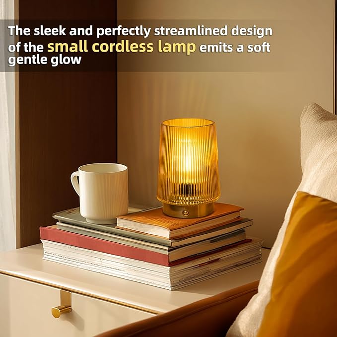 MJ PREMIER Cordless Lamps Rechargeable Glass Table Lamp Portable Dimmable Brightness Touch Battery Operated Lamp Cordless Beside Touch Lamp for Bedroom Kitchen Dining Bathroom Rechargeable Yellow