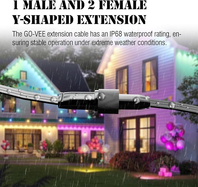 1 Male to 2 Female Y-Splitter for Govee Permanent Outdoor Lights Y-Shaped IP68 Waterproof Connector Compatible with Govee H705A H705B H705C H805A H805B H805C 3-Pin Extension Cable Cord (Black)