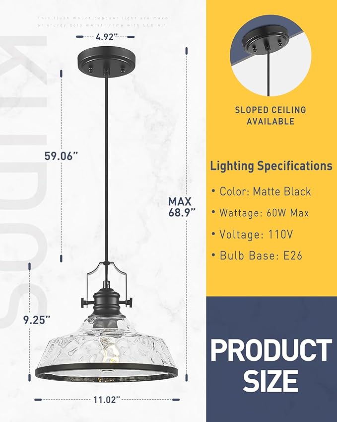 kudos Pendant Lights Kitchen Island, 11" Black Pendant Lights with Clear Hammered Glass Shade, Farmhouse Large Hanging Light Fixture for Kitchen Sink Dining Room, KDPL13-BK-H