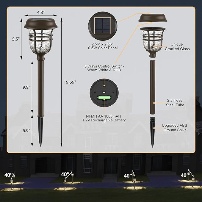 XMCOSY+ Solar Pathway Lights Outdoor, 2 Lighting Modes Warm White & RGB Auto Color Changing LED Solar Powered Garden Lights IP65 Waterproof for Yard Walkway Driveway Landscape Decorative Lawn (6 Pack)