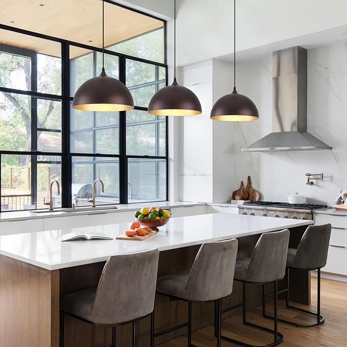 Farmhouse Pendant Light 12 Inch, Modern Pendant Lights Kitchen Island, Adjustable Height Dome Pendant Lights Fixtures for Dining Room Barn,Oil Rubbed Bronze Finish, 3 Pack