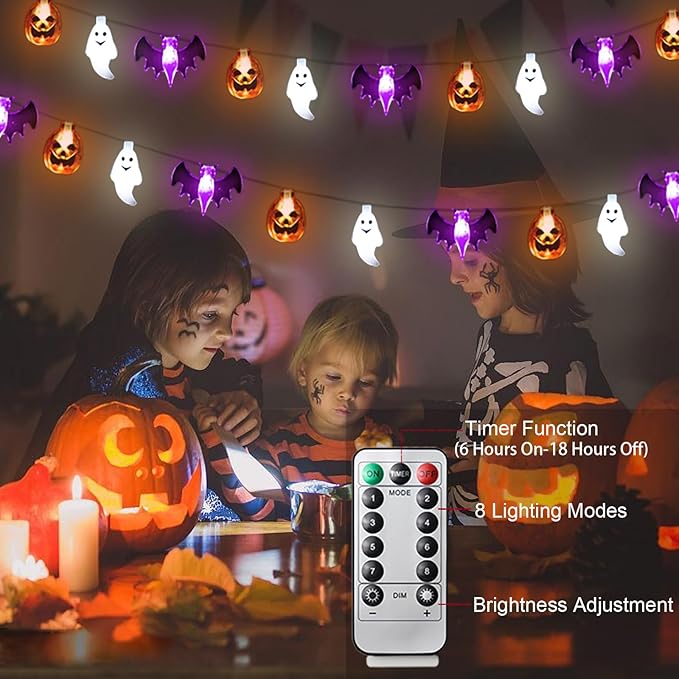Halloween Lights Battery Operated -16FT 30 LED 3D Waterproof Ghost Bat Pumpkin String Lights with Timer-8 Lighting Modes Hanging Decor for Home Room Door Window Indoor Outdoor Porch Party Decorations