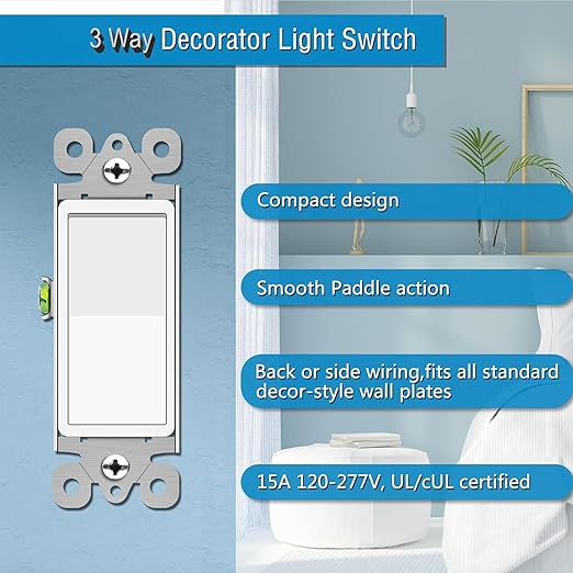 Greencycle 3 Way Light Switch,Three Way Single Pole Switches, 15A 120-277V Rocker Paddle Wall Switch,On Off Switches, Self-Grounding, UL Certified,Residential and Commercial Grade,White,40PK