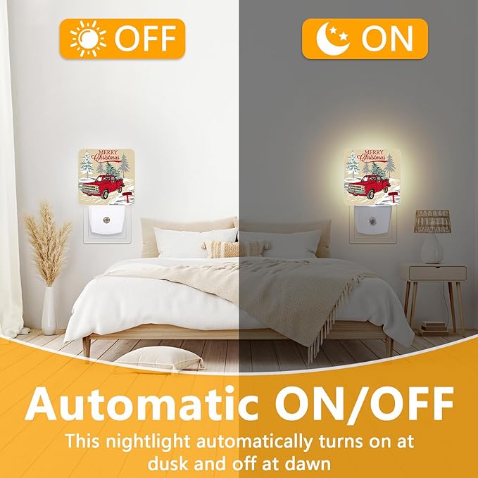 Retro Red Car Night Light, Plug-into Christmas Tree Nightlight White LED Lamp, Energy Efficient Decor Desk Lamp for Bedroom Hallway Stairs Bathroom