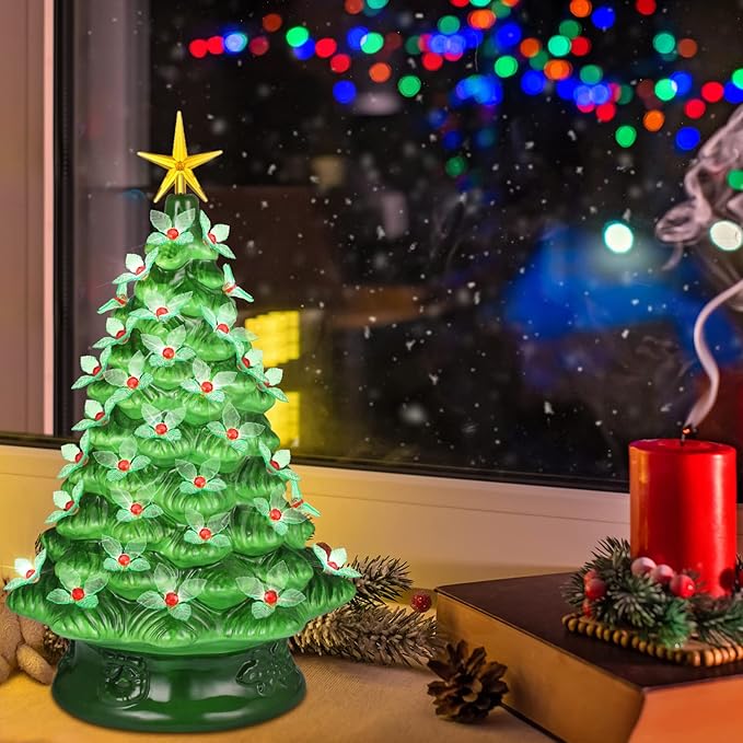 Jutom 100 Pcs Ceramic Christmas Tree Replacement Lights Plastic Vintage Green and Red Holly Ceramic Christmas Tree Lights for Halloween Christmas Ornament