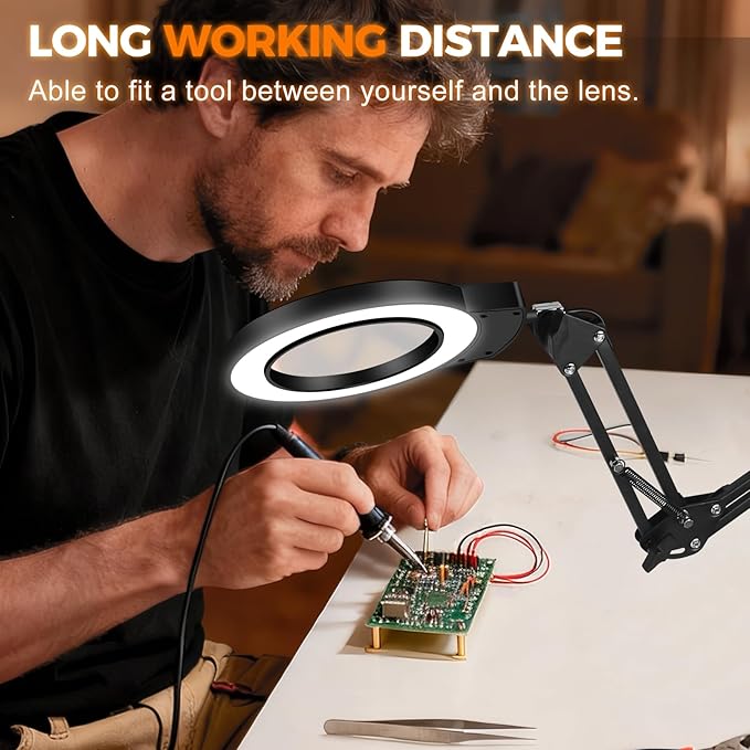 NOEVSBIG Magnifying Glass with Light 10X Desktop Lamp Close Work Up for Desk Crafting, Reading, Sewing, Panting, Soldering, Ultra 3-Section Swing Arm Design for Large Workbench, Hands Free Magnifier