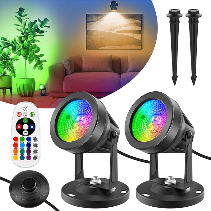 T-SUN Indoor RGBW Spotlight, LED Floor Lights with Remote Control, Indoor Uplights 16 Colors & Warm White | Foot Switch, Spotlights for Plants, Home Party Paintings, Stage Decor, Set of 2