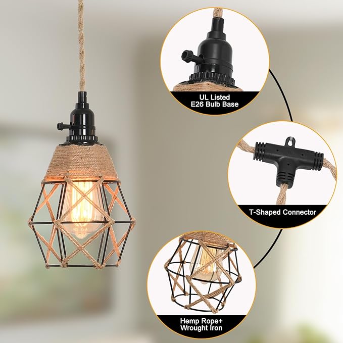 3 Light Hemp Rope Plug in Pendant Light Rattan Hanging Lights with Plug in Cord with Woven Lamp Shade, Hanging Lights with Plug in Cord Hemp Rope Hanging Lamp