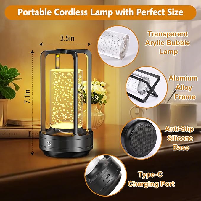 Portable Table Lamp for Outdoor Indoor: Cordless Rechargeable Desk Lamp with 3 Color Stepless Dimmable - Metal Battery Operated Lantern Light for Bedroom/Bar/Coffee Shop/Camping (Black Bubble+RGB)