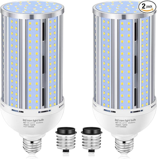 2 Pack 120W Corn LED Light Bulb Fanless,5000K Daylight(1200 Watt Equivalent) E26/E39 Large Mogul Base LED Cob Lamp 15,800LM for Outdoor Indoor Garage Warehouse Factory Workshop Street Backyard