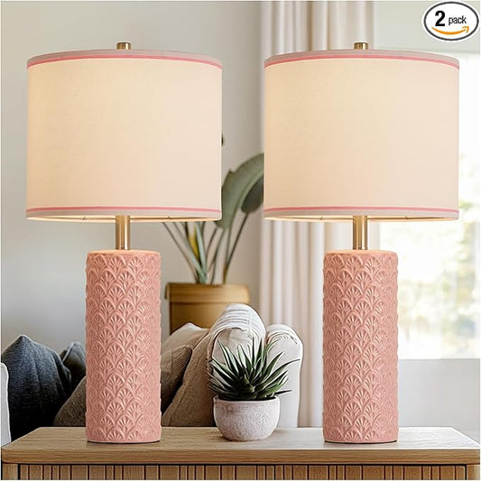 27" Farmhouse Bedside Table Lamp Set of 2, Pink Modern Ceramic Lamps for Living Room, 3 Color Temperature Rustic Table Lamps for Bedroom, Night Stands, Dorm,Office, Home Décor (Bulb Included