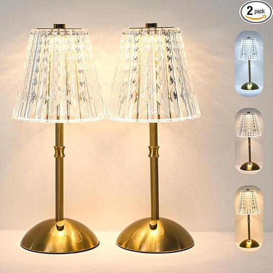 2 Pack Touch Cordless Table Lamp Rechargeable, 3600mAh Battery Operated Small Crystal Lamp, 3 Color Dimmable Vintage Gold Table Light for Bedroom/Kitchen/Gift for Home Décor (Vintage)