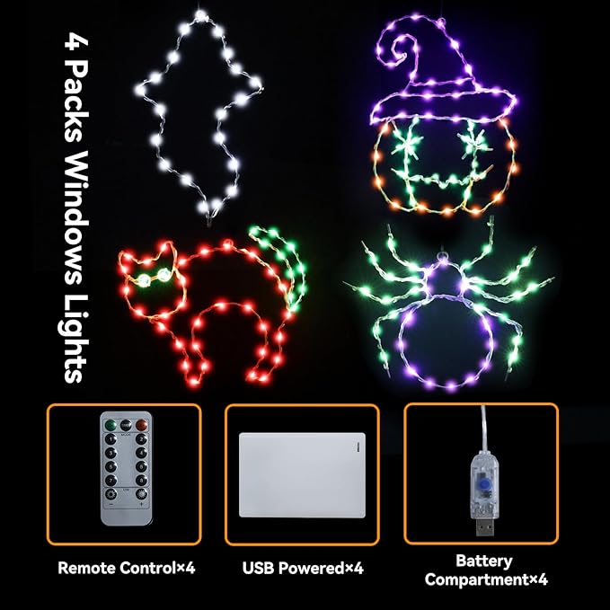 Halloween Lights Indoor 4 Packs, USB or Battery Powered Pumpkin Cat Spider Skull Decor, 8 Modes Remote Control with Timer, Halloween Window Lights Outdoor for Party