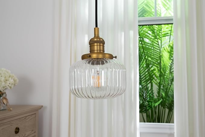 Yosoan Indoor Vintage Edison Hanging Pendant Light, 1-Light Hardwired Modern Vanity Light Industrial Semi Flush Mount Lamp Striped Ribbed Glass Shade for Kitchen Table Bar Island(Antique)