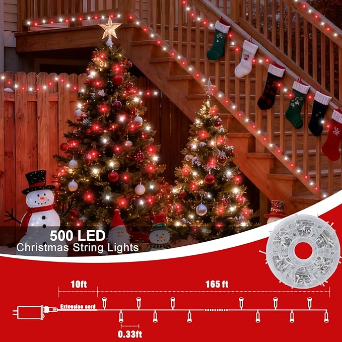 QITONG Red and White Valentine String Light Outdoor, 165ft 500 LED Clear Wire Christmas Lights Plug-in, 8 Modes Twinkle Xmas Light Indoor