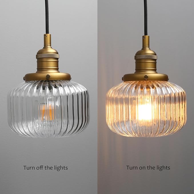 Yosoan Indoor Vintage Edison Hanging Pendant Light, 1-Light Hardwired Modern Vanity Light Industrial Semi Flush Mount Lamp Striped Ribbed Glass Shade for Kitchen Table Bar Island(Antique)