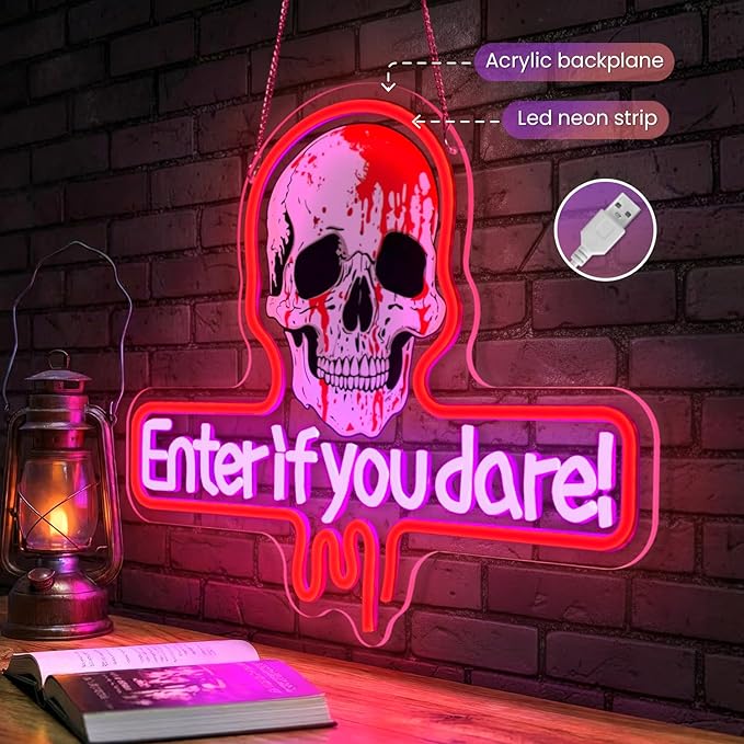 Enter If You Dare Neon Sign for Halloween Haunted House Décor,Skull LED Neon Light Wall Sign with Adjustable Brightness,USB Powered Spooky Neon Wall Art for Party Room Bar Bedroom Decoration