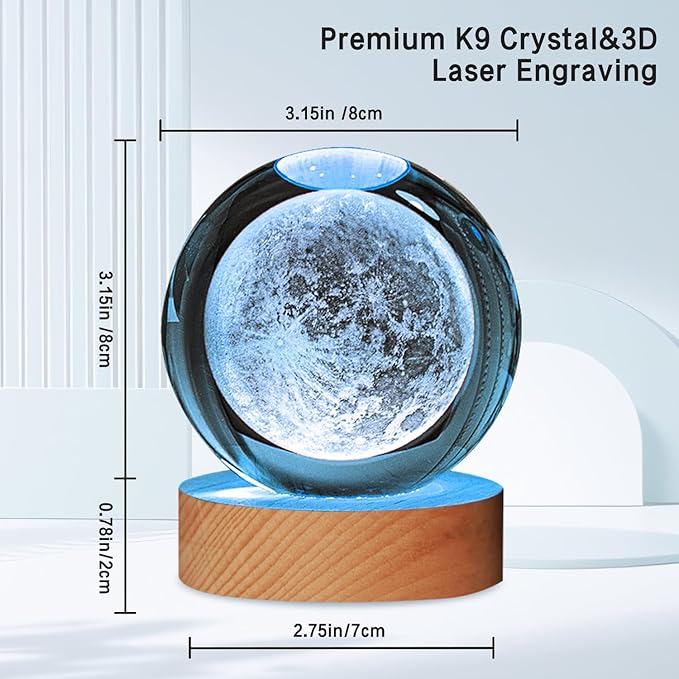 3D Solar System Crystal Ball Lamp, Large Galaxy Night Light With 7 Color Change, Space Bedroom Decor, Christmas and Birthday Gift for Kids, Boys, Girls (Moon)