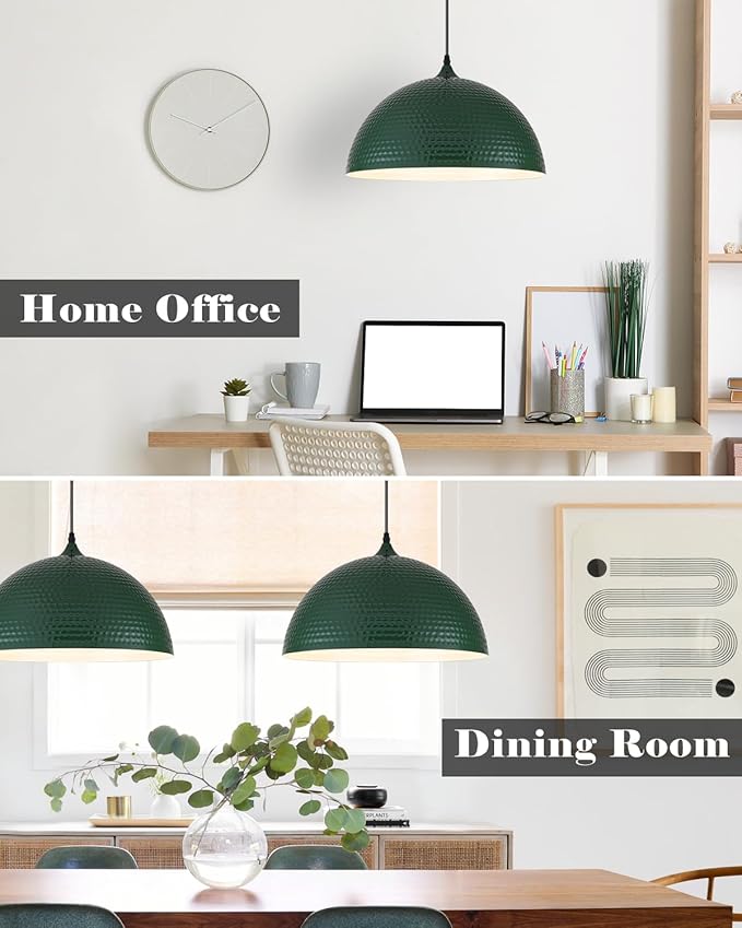 16 inch Green Pendant Light 2 Pack, Hammered Large Industrial Pendant Lights Kitchen Island, Green Dome Pendant Light for Kitchen Island, Dining Room, Bar