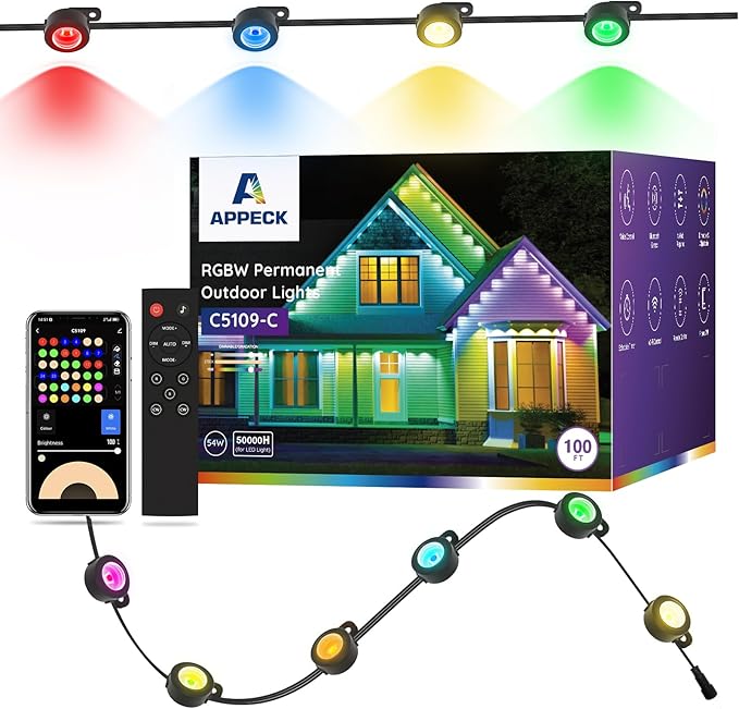 APPECK Permanent Outdoor Lights 100ft with 72 LEDs, DIY Scene Modes, Smart RGBW String Lights Waterproof, App/Remote Control for Christmas, Halloween, Alexa/Google Assistant Compatible, Black