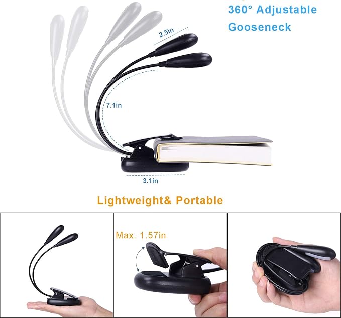 Rechargeable Music Stand Light, Clip on Reading Light, 8 LED Book Lamp, 3-Level Brightness for Eye Protection, Perfect for Piano, Orchestra, Bookworms, Craft (White & Warm, Dual Arm)