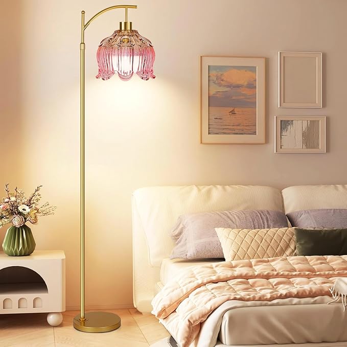 Pink Floor Lamp for Living Room,Bedroom,Glass Mid Century Modern Standing Lamp with Remote,Dimmable Gold Brass Tall Lamp Tulip Flower Arc Floor Light Boho Bohemian