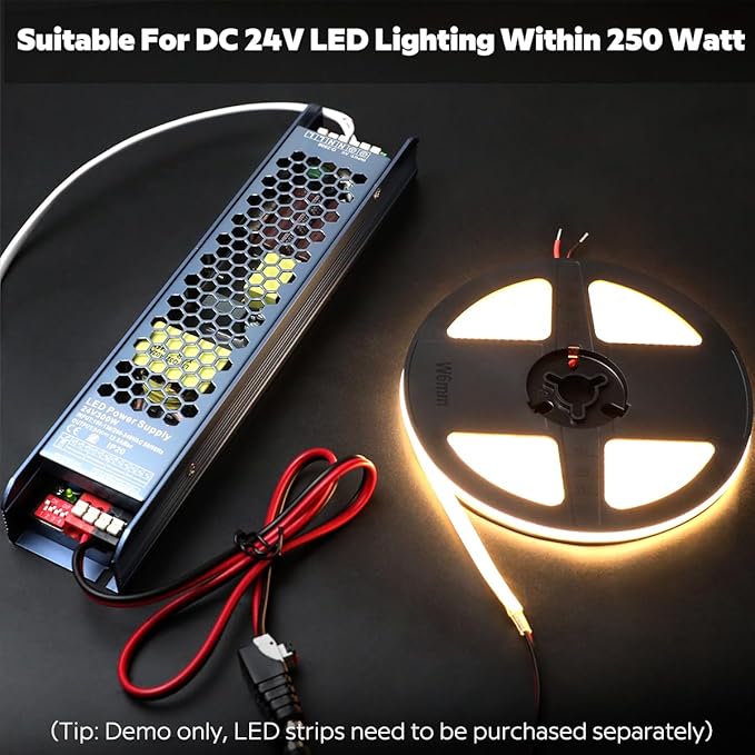 Slim 24V 300W Dimmable Switching LED Power Supply LED Strip Driver Transform AC110V/220V to DC24V, with DC Male Connector and AC Power Cord, IP20 Plug-and-Play (24V300W Power Supply)