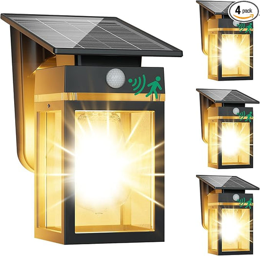 4 Pack Solar Porch Lights Outdoor, Dusk to Dawn & Motion Sensor Wall Light with Lantern Shape, 3 Modes IP65 Waterproof, E26 Bulb Exterior Sconce for Front Porch, Garage, Patio Security