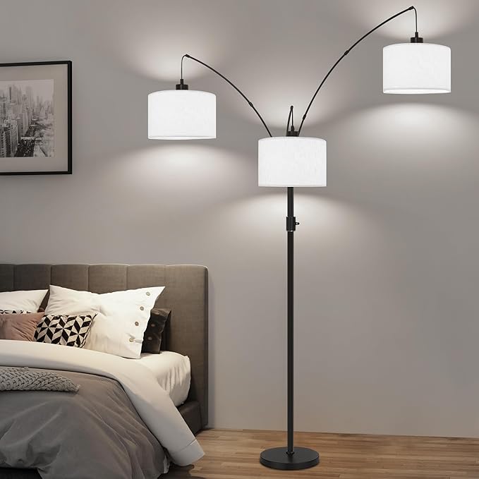 Dimmable Floor Lamp - 3 Lights Arc Floor Lamps for Living Room,Modern Tall Standing Tree Lamp with White Drum Linen Shade & Heavy Base,Mid Century Floor Lamp for Bedroom Corner Office,Bulbs Included