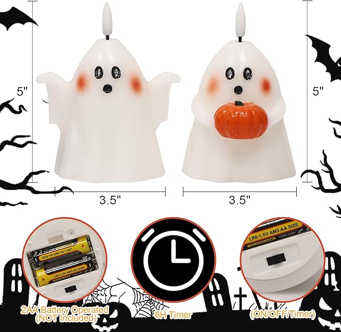 DRomance Halloween Ghost Flameless Candles with Timer Real Wax Battery Operated White LED Flickering Pillar Candles Hand Painted Looking Dinner Spooky Halloween Decor(2 Pack, 3.5" D x 5" H)