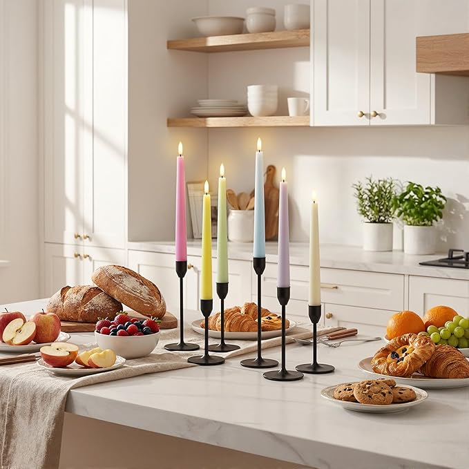 Easter Decorations, Easter Pastel Flameless Candles - Pastel Taper Candles Battery Operated with Timer and Remote Control, Home Table Decor, Wax, Macaron, 6pc