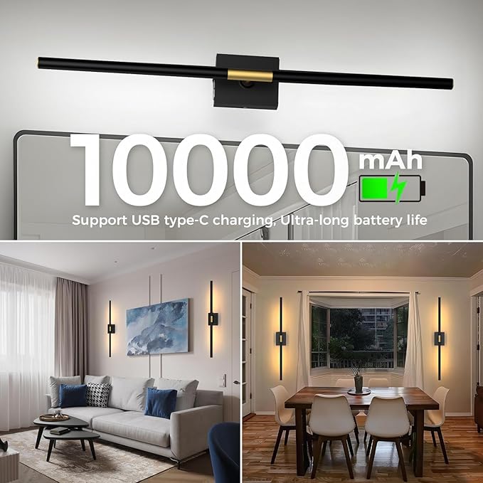 Wall Sconce Battery Operated Wall Light: 10000mAh Wireless Wall Sconces with Remote Control, 360° Rotate Rechargeable Wall Scone for Bedroom Living Room Bathroom Hallway, 31.5 Inch, Black