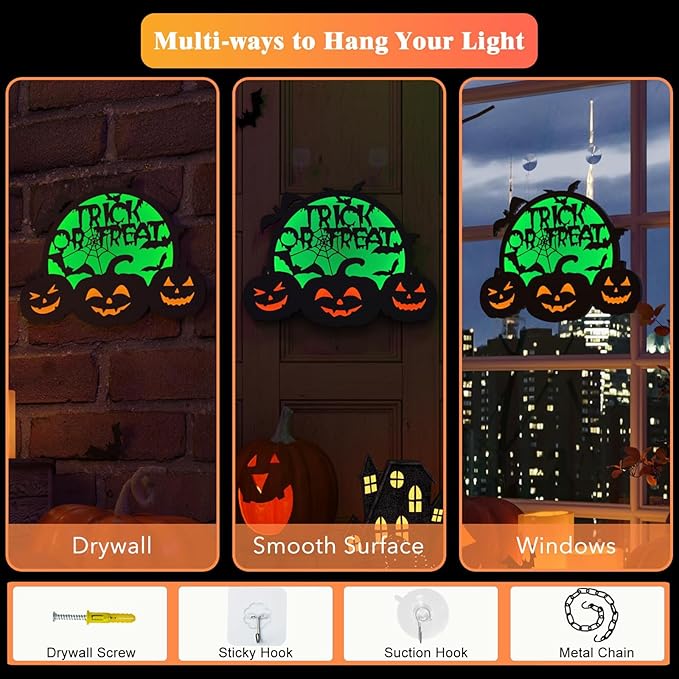 Halloween Pumpkin Lights, LED Connected Jack O Lantern With Light Up Green Moon, Bat Spider Web & Trick or Treat Wording, USB & Battery Powered With Timer, Halloween Decorations Kids Wall Window Art