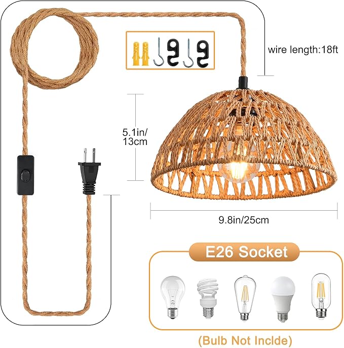 Plug in Pendant Light, Industrial Hanging Light with Plug in Cord Hemp Rope On/Off Switch Farmhouse Pendant Lamp with Plug in Cord, Vintage Hanging Lamps for Dining Room