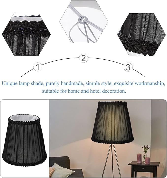 Lurrose Black Decor Lamp Shades Cloth Lamp Shade Covers, Clip On Bulb Lamp Shade Fabric Lampshade with Harp Pleated Cone for Table Chandelier Wall Lamp, Black Drum Lamp Shades Vintage Decor