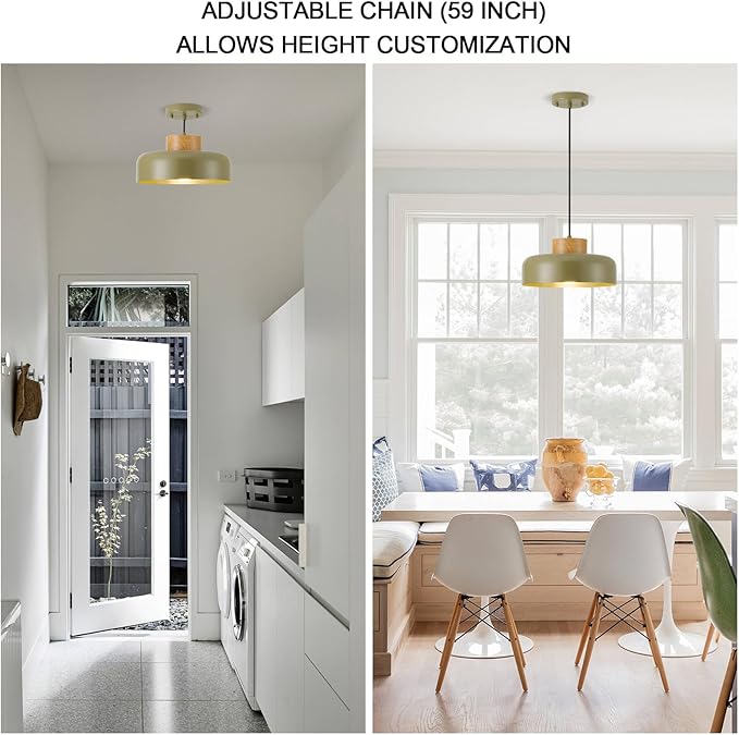Modern Pendant Lights,12.6 inch,Naturl Wood,Adjustable Simple Pendant Lighting for Kitchen, Dining Room, Olive Green