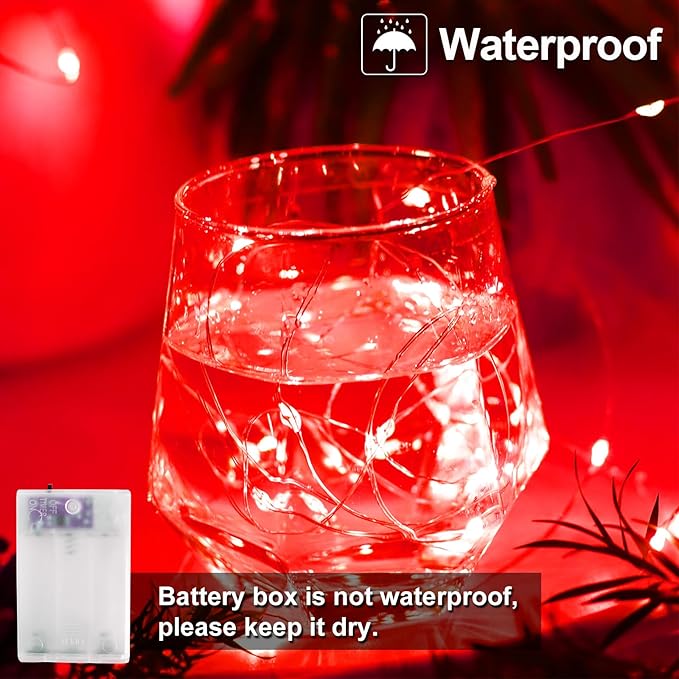 YAOZHOU Christmas Decorations Red Fairy String Lights, Battery Operated with Timer, 2 Pack Total 33FT 100 Led Mini Battery Powered Mason Jar Waterproof Firefly Lights DIY Party Halloween