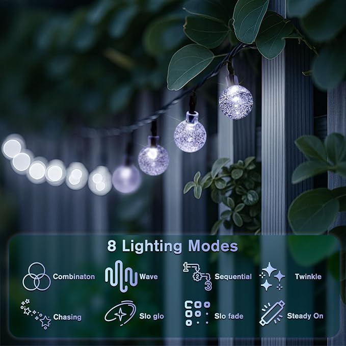 Metaku Solar String Lights for Outside, 20FT 30 LED Crystal Globe String Lights, Solar Powered Outdoor Light with 8 Lighting Modes, Patio Hanging Lights for Garden, Camping and Party Décor Cool White