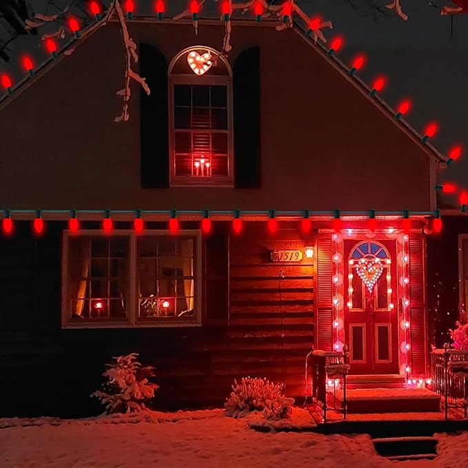 C9 Red Valentines Christmas Replacement Bulbs, 25 Pack C9 Incandescent Light Bulbs Ceramic Red Light Bulbs for Valentines Christmas String Lights, E17 Intermediate Base, 7 Watts