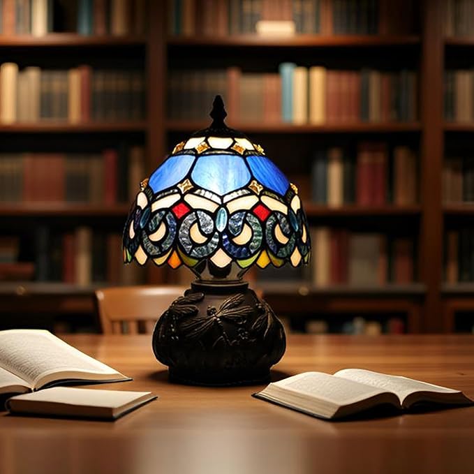 Small Tiffany Mushroom Table Lamp,Mini Memory Sympathy Antique lamp 8X11 Inch (Blue Baroque)